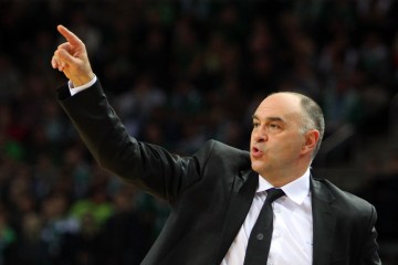 PBC Real Madrid head coach Pablo Laso reacts during the basketball Euroleague basketball match Zalgiris Kaunas vs Real Madrid on October 18, 2013 in Kaunas.  AFP PHOTO / PETRAS MALUKAS        (Photo credit should read PETRAS MALUKAS/AFP/Getty Images)